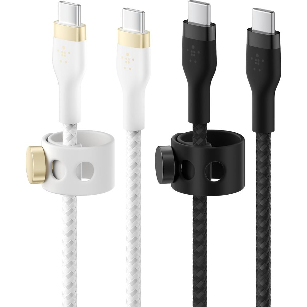 Dwa kable USB-C, biały i czarny, z uchwytami.
