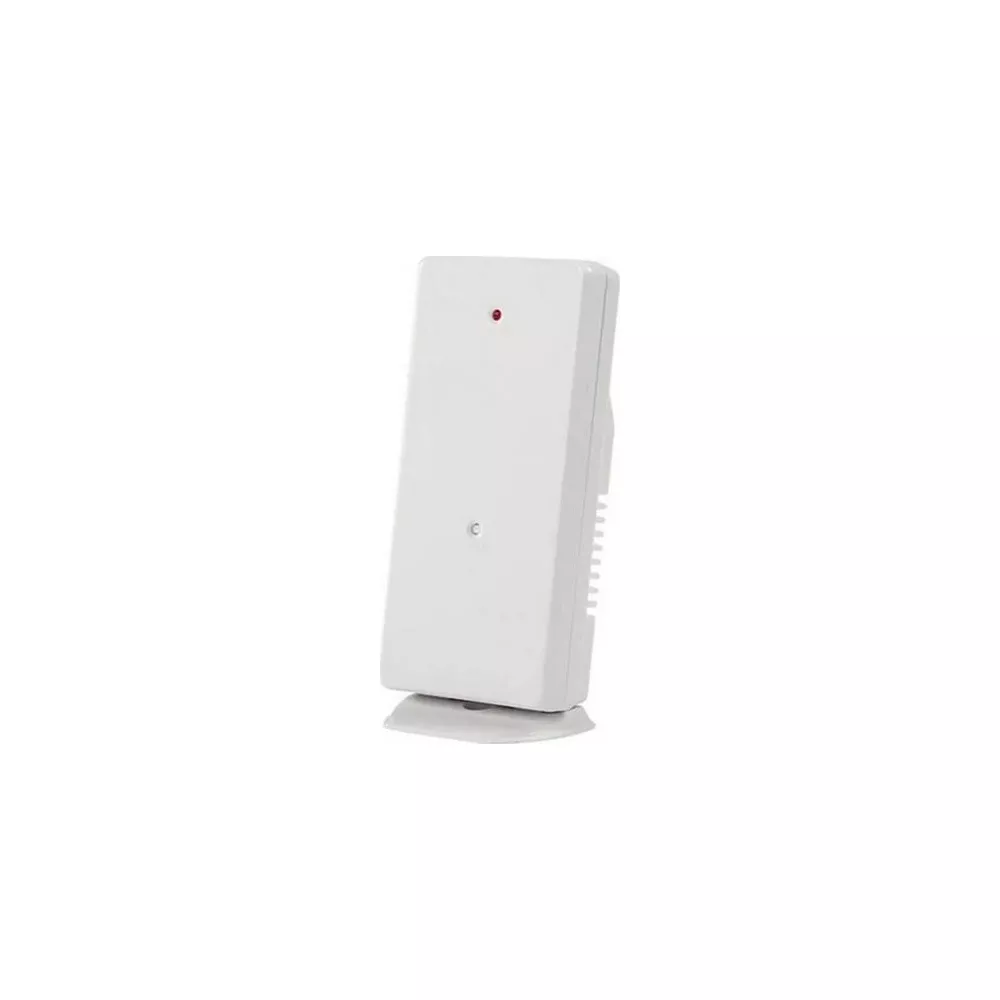 Un dispositivo bianco con una luce rossa su una base.
