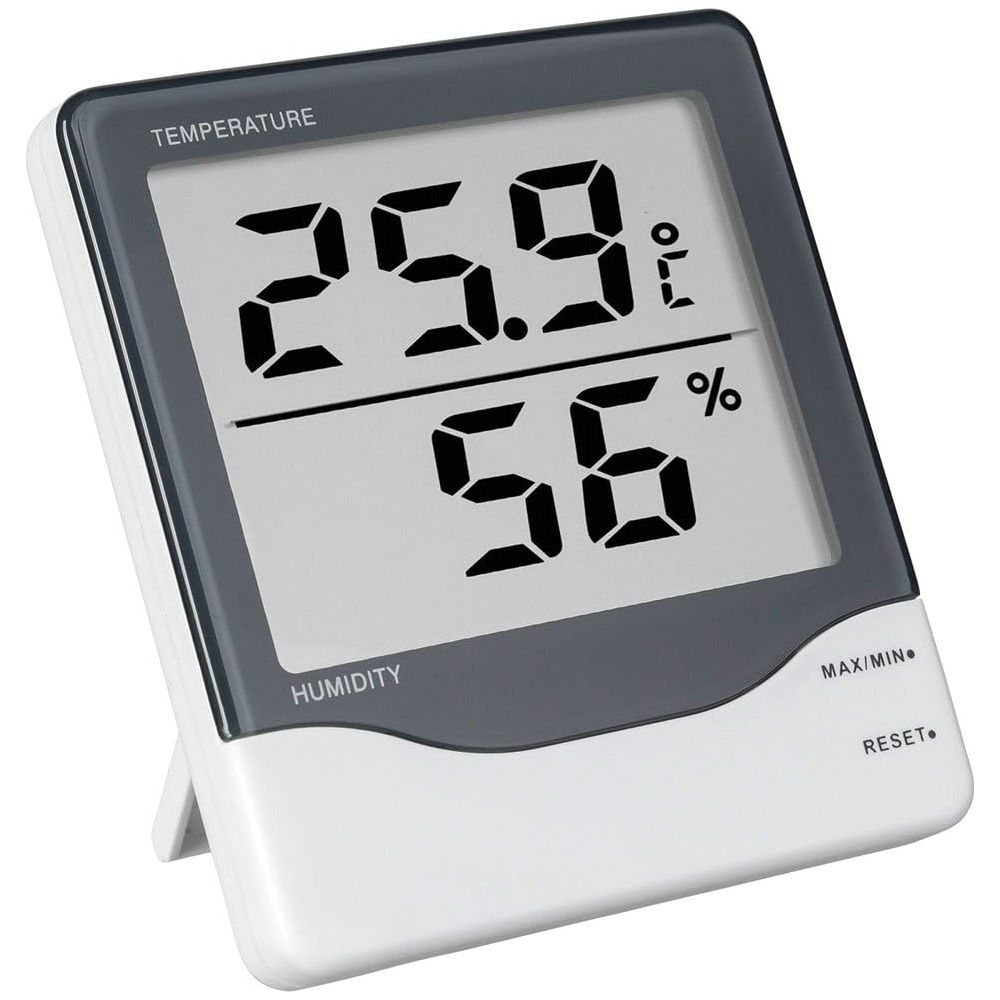 Digitales Thermometer zeigt 25,9°C und 56% Luftfeuchtigkeit an.