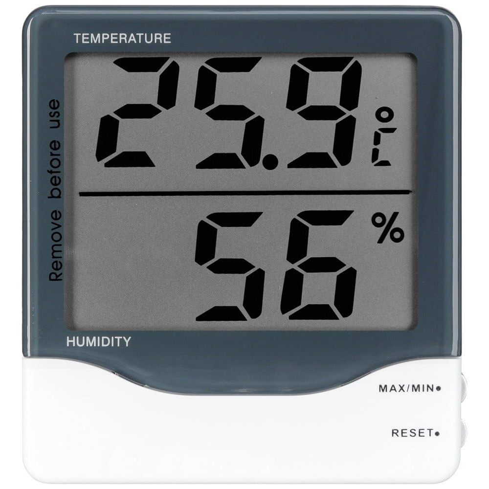 Digitales Thermometer zeigt 25,9 °C und 56 % Luftfeuchtigkeit an.
