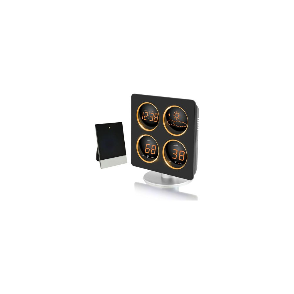 Cyfrowa stacja pogodowa pokazująca godzinę, ikonę pogody i dwie temperatury.