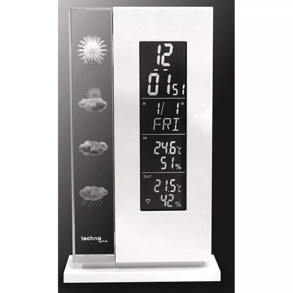 Orologio digitale mostra ora, data, temp interna 24.6C, umidità 51%, temp esterna 21.5C, umidità 42%.
