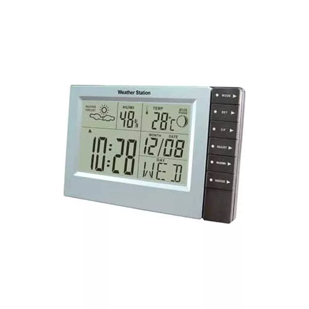 Cyfrowy wyświetlacz stacji pogodowej pokazuje czas, datę, wilgotność i temperaturę.