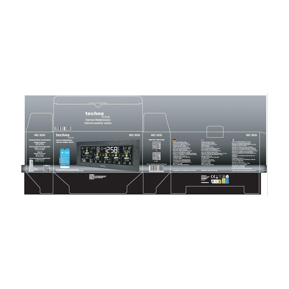 Confezione di una stazione meteo Internet con display che mostra ora, data e meteo.