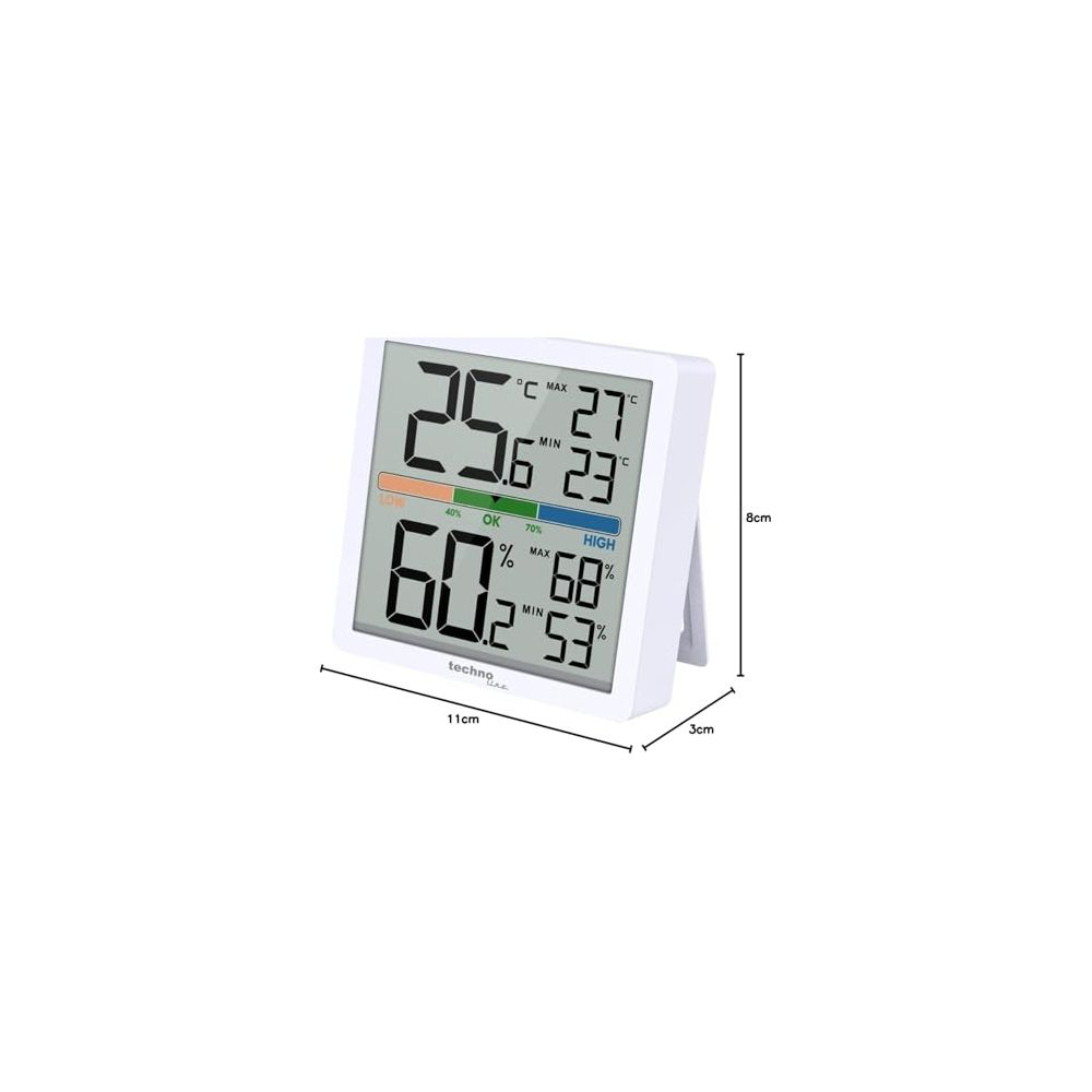 Digitales Thermometer zeigt 25.6°C, 60.2% Luftfeuchtigkeit, Max/Min Werte.