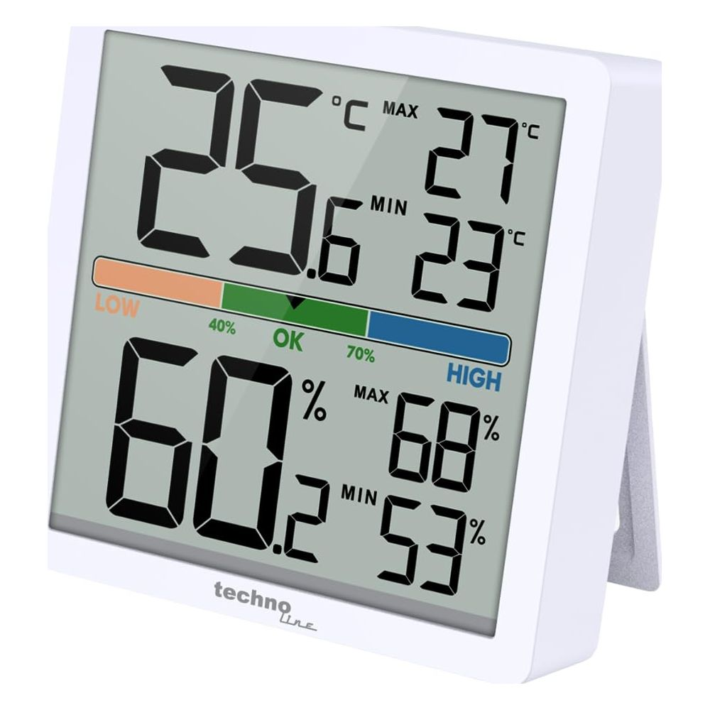 Ein weißes Digital-Hygrometer zeigt 25°C an. Luftfeuchtigkeit 60,2%.