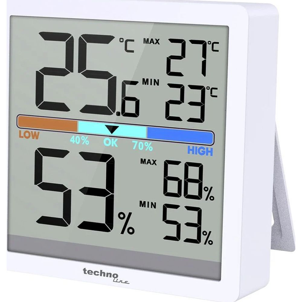 Ein weißes Digitalthermometer zeigt 25.6°C, 27°C Max, 23°C Min und 53% Luftfeuchtigkeit.