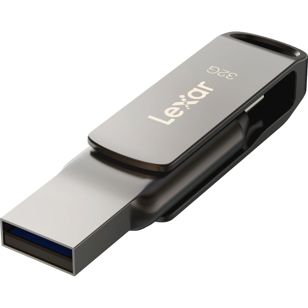 Un'unità USB argentata con clip nera, etichettata "Lexar 32G".