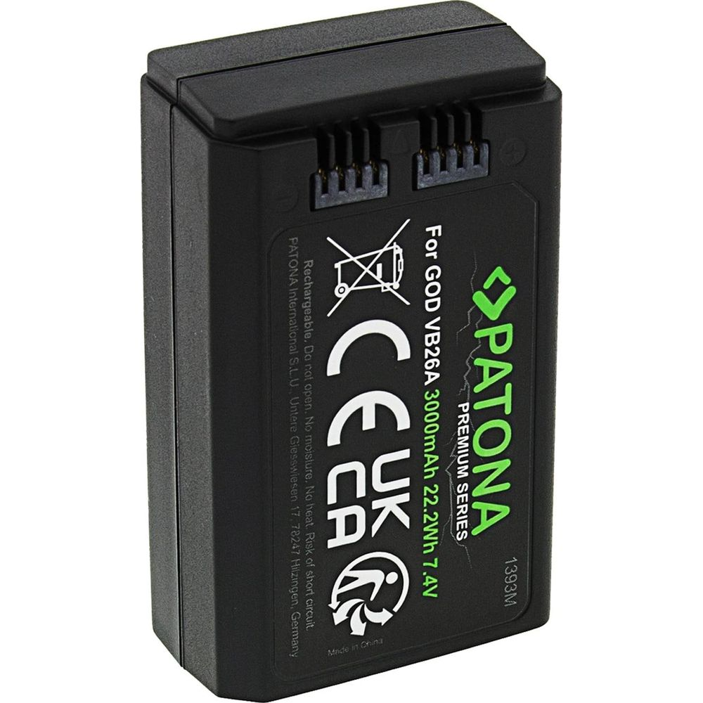 Batteria nera con testo: PATONA, 3000mAh, 22.2Wh, 7.4V, Made in China.