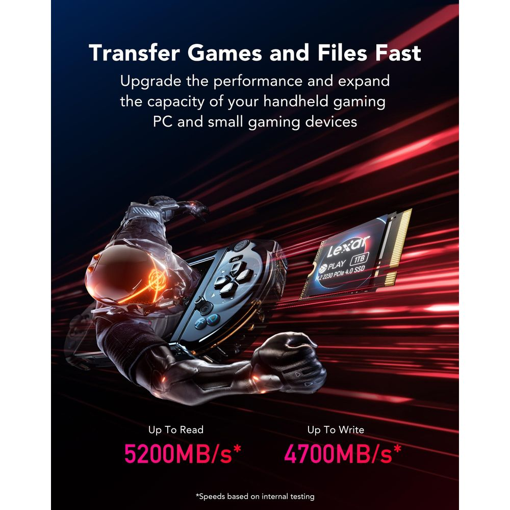 Gracz trzyma kontroler, obok dysk SSD. Pokazano szybkie prędkości transferu danych.
