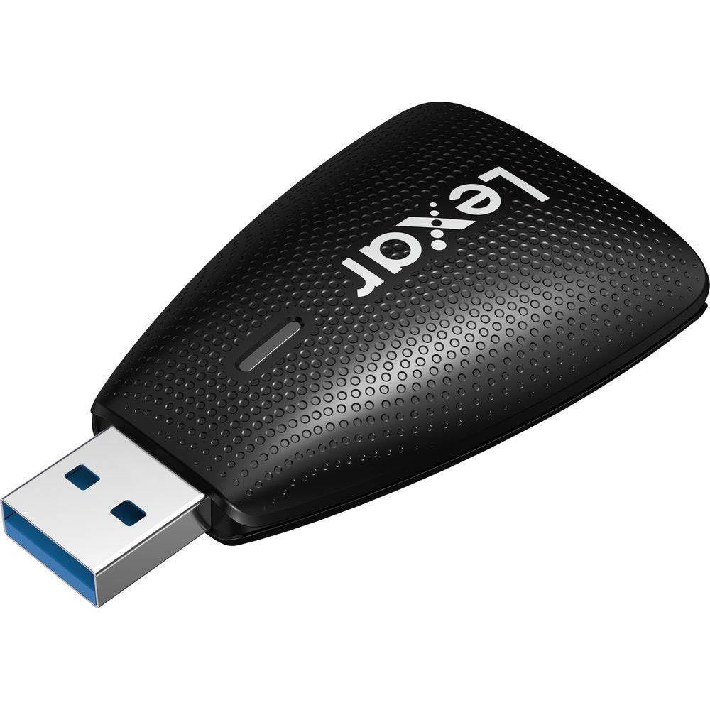 Schwarzer USB-Speicherstick mit Lexar-Logo und gepunkteter Textur.