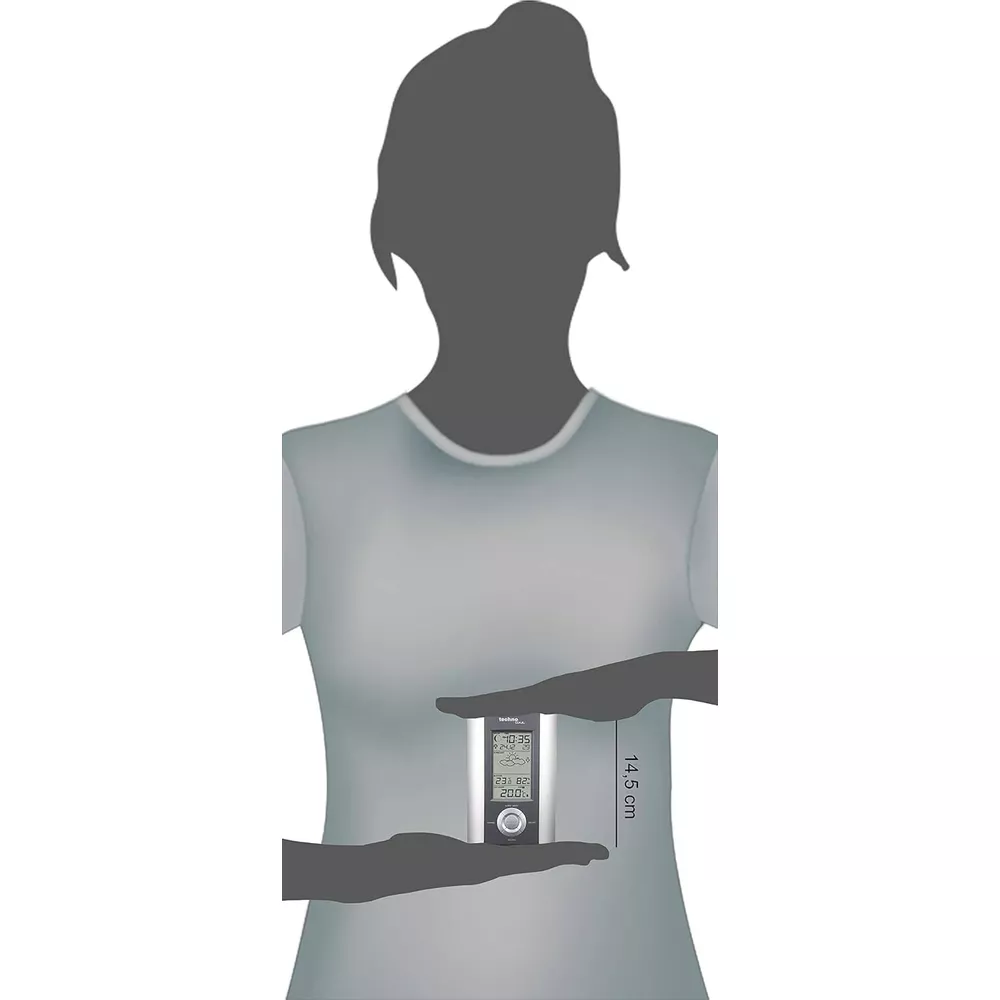 Una donna tiene un dispositivo di misurazione digitale da 14,5 cm.