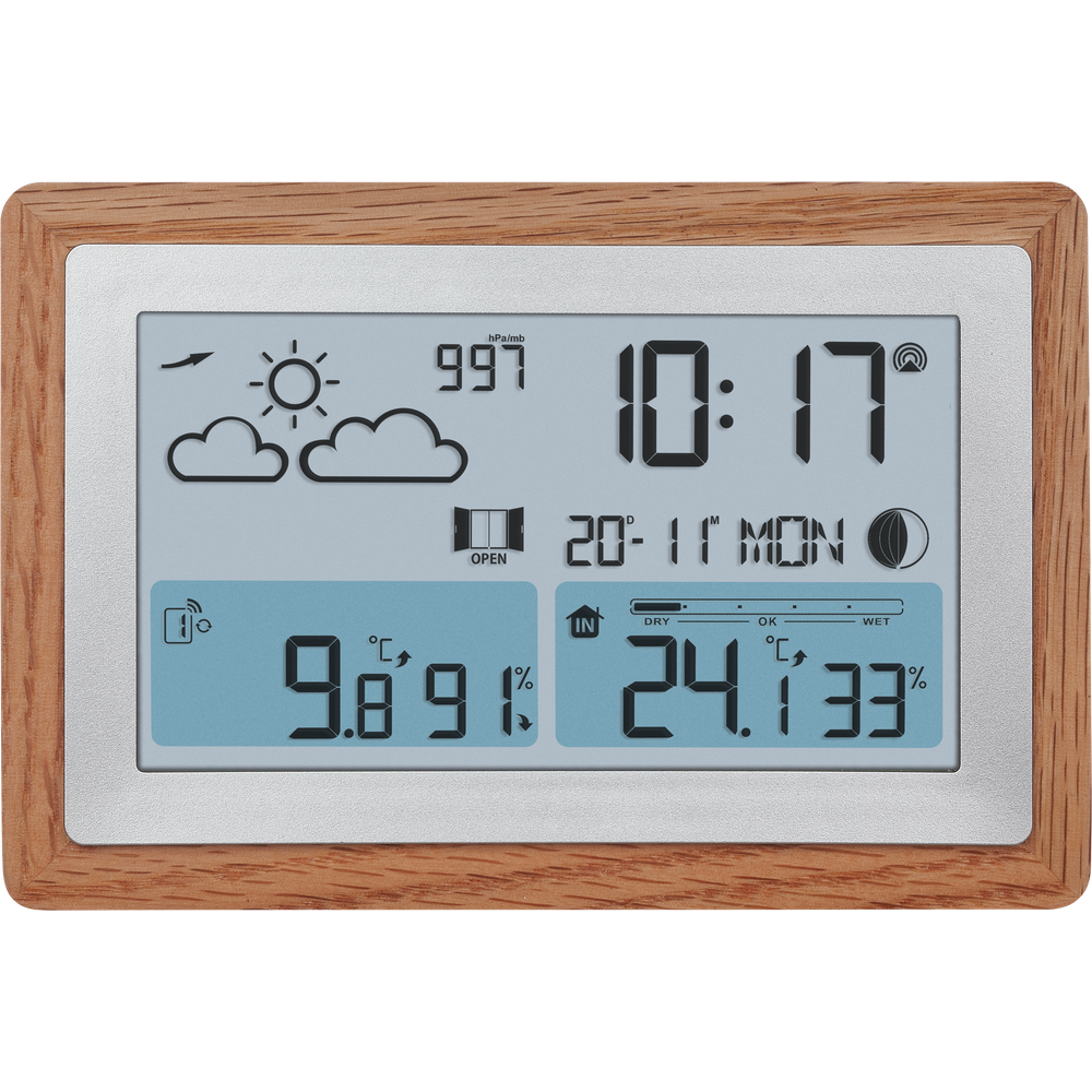 Digitaluhr mit Wetteranzeige: 9:97 hPa, 10:17 Uhr, 20-11 Mo, 9.8°C 91% innen, 24.1°C 33% außen.