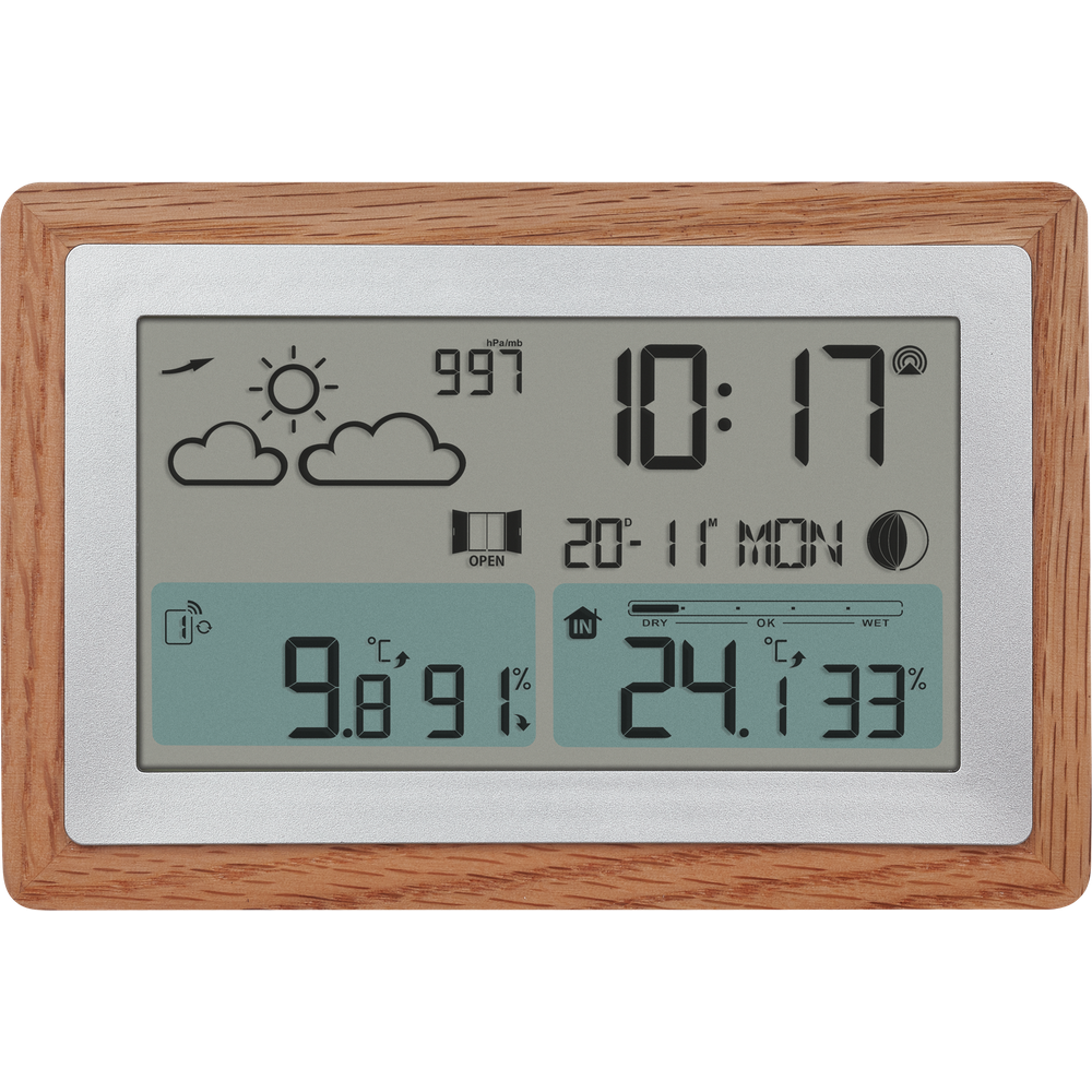 Digitaluhr mit Wetteranzeige: 997 hPa, 10:17 Uhr, 20-11 Mo, 9.8°C, 91% Luftfeuchte, 24.1°C, 33% Luftfeuchte.