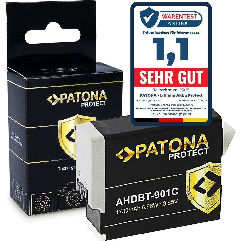 Batterie PATONA avec sceau Waretest et informations produit en allemand.