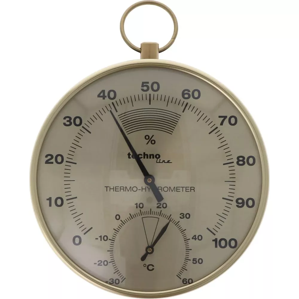 Un termoigrometro color oro con due quadranti e un anello per appenderlo.