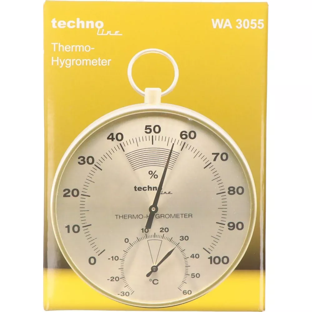 Un Termo-igrometro Techno Line su confezione gialla.