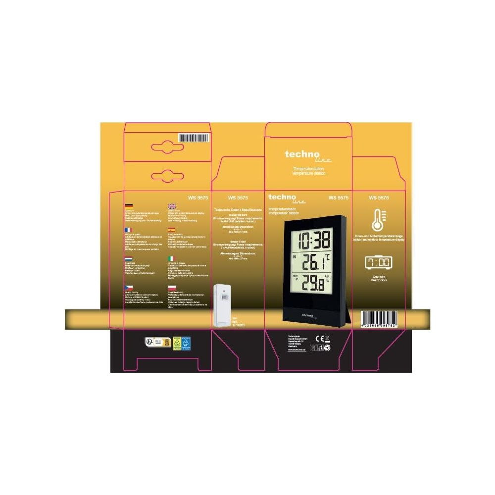 Confezione di una stazione meteorologica con display digitale della temperatura interna ed esterna.