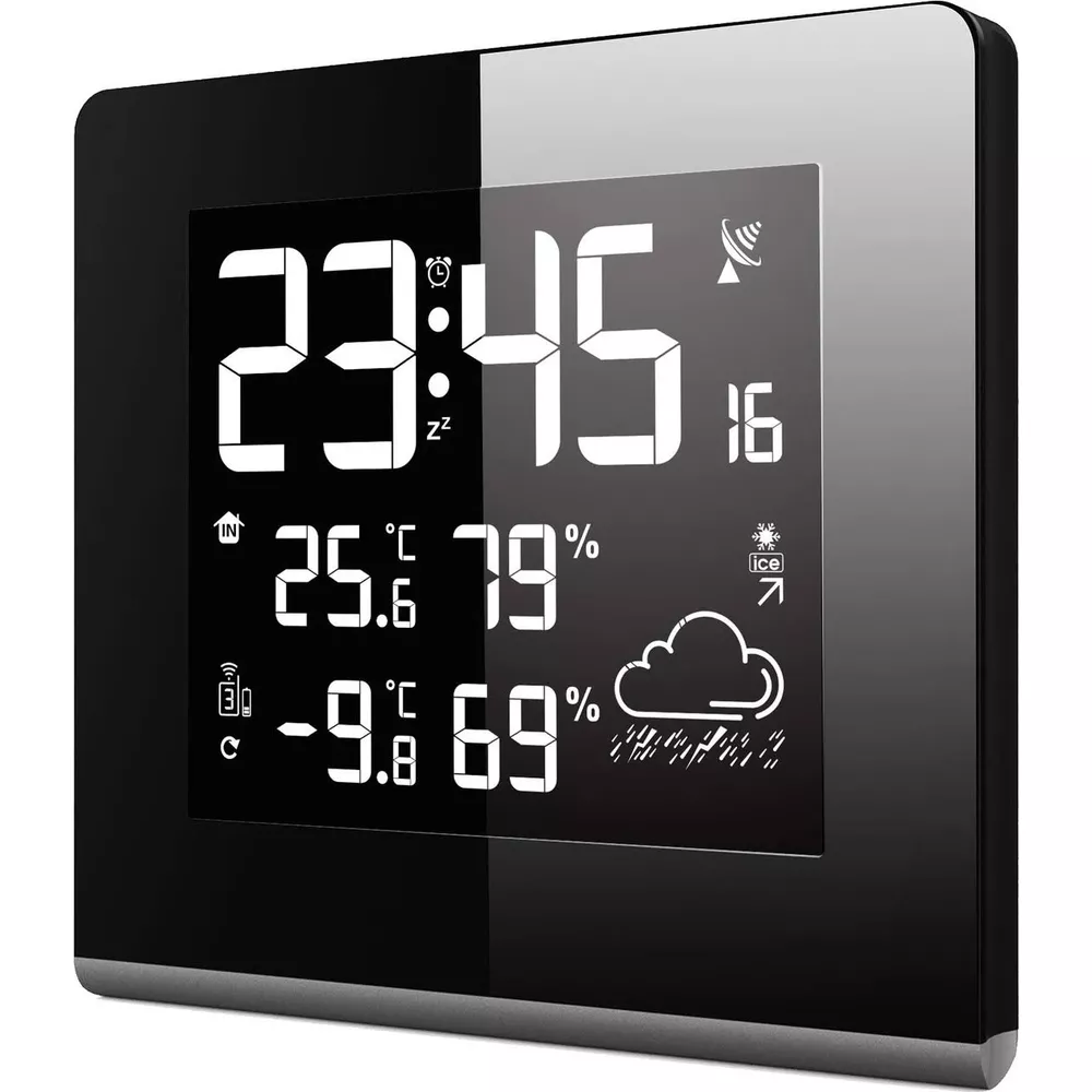 Czarny wyświetlacz stacji pogodowej pokazuje 23:45, 25.6°C, -9.8°C, 79% i 69%.