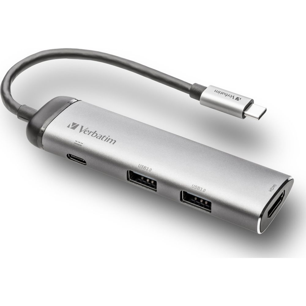 Eine silberne Verbatim USB-C-Dockingstation mit zwei USB 3.0-Anschlüssen, einem USB-C-Anschluss und einem HDMI-Anschluss.