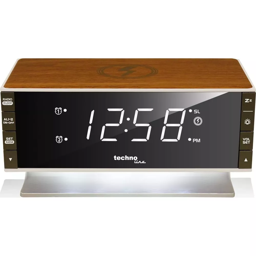 Ein Holz-Wecker mit Digitalanzeige zeigt 12:58 Uhr. Links sind Bedienelemente.