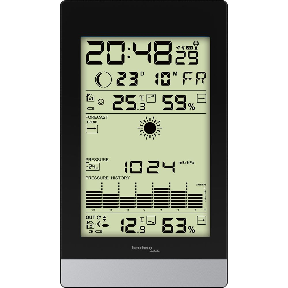 Cyfrowy wyświetlacz stacji pogodowej: godzina, temp. wewn., wilgotność, temp. zewn.