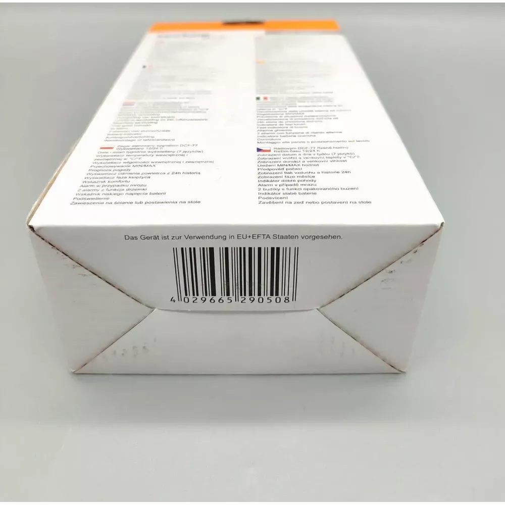 Pudełko z kodem kreskowym i wielojęzycznymi informacjami. Uwaga UE/EFTA.