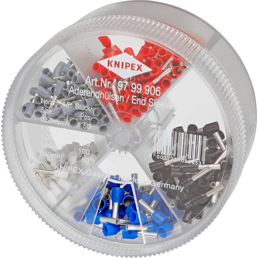 A round container with four compartments, filled with red, gray, black, and blue insulated end sleeves.