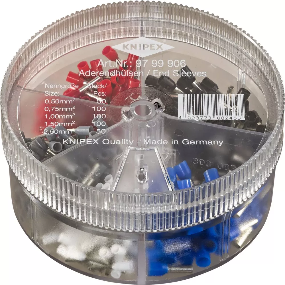 Round container with KNIPEX end sleeves in red, black, gray, white, and blue.