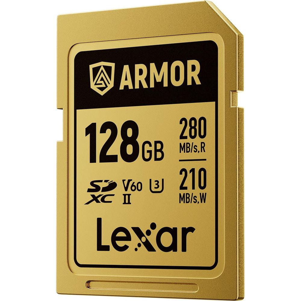 Gold 128GB SD card with Lexar and Armor logos.
