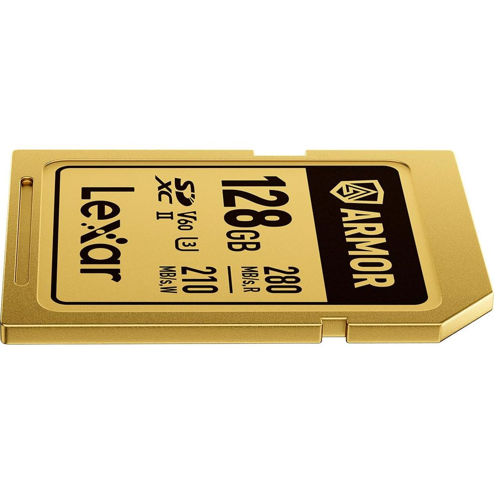 Gold Lexar SD card with 128GB capacity and Armor logo.