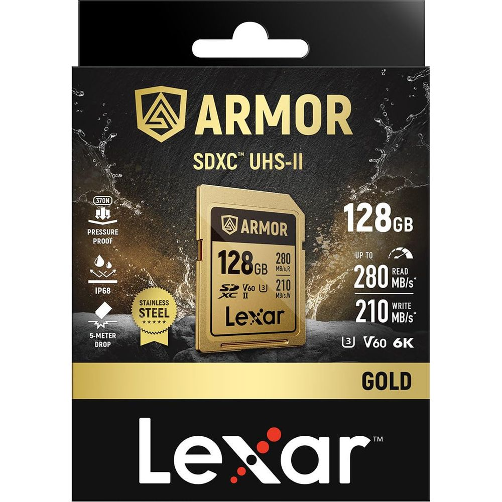 Lexar Armor SDXC UHS-II memory card, 128GB, Gold.