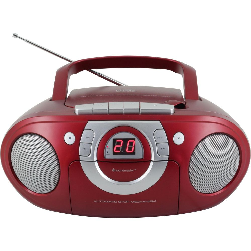 Un lecteur CD portable rouge avec un lecteur cassette, des haut-parleurs et une antenne.