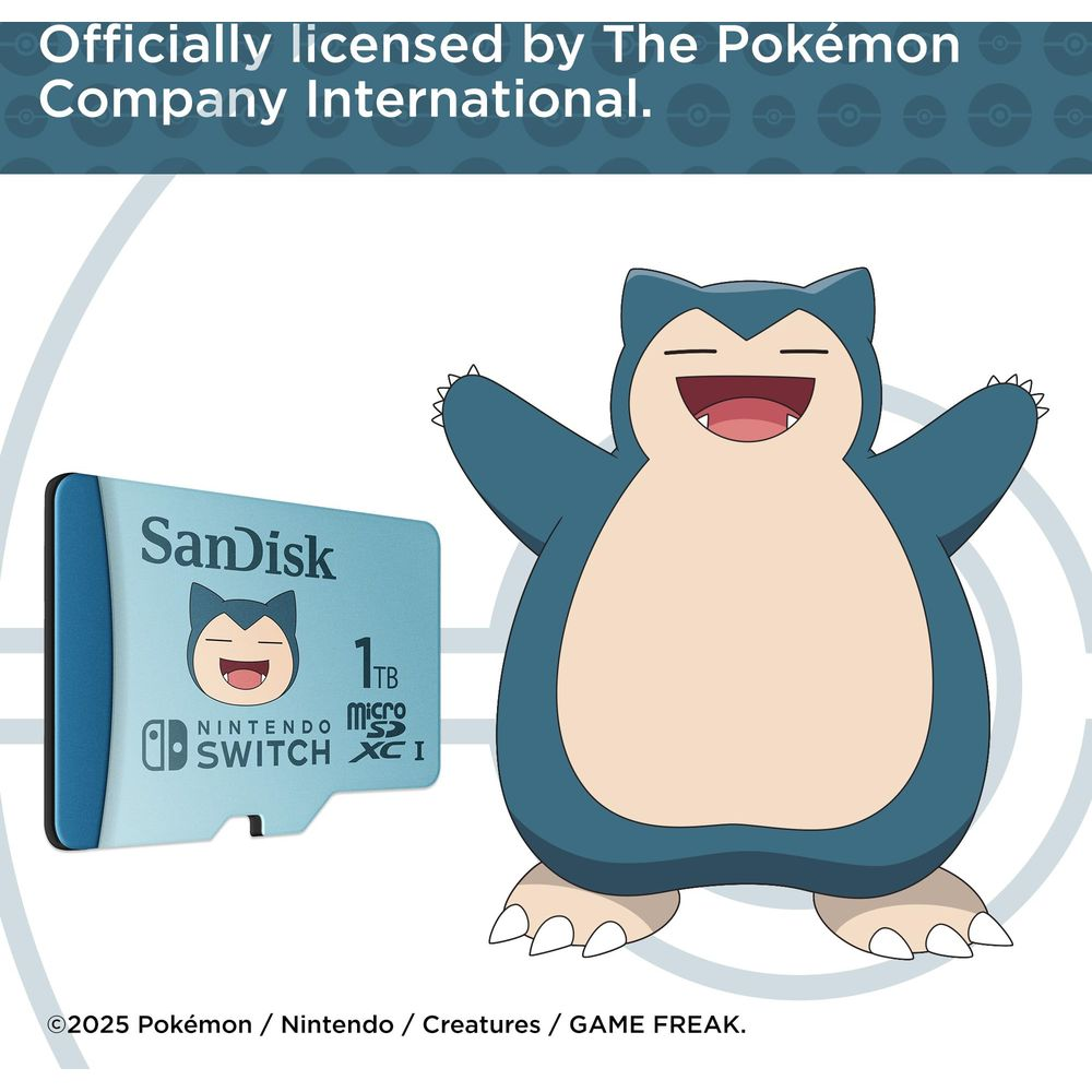 Ein Snorlax-Charakter steht neben einer SanDisk 1TB Micro SD-Karte für Nintendo Switch.