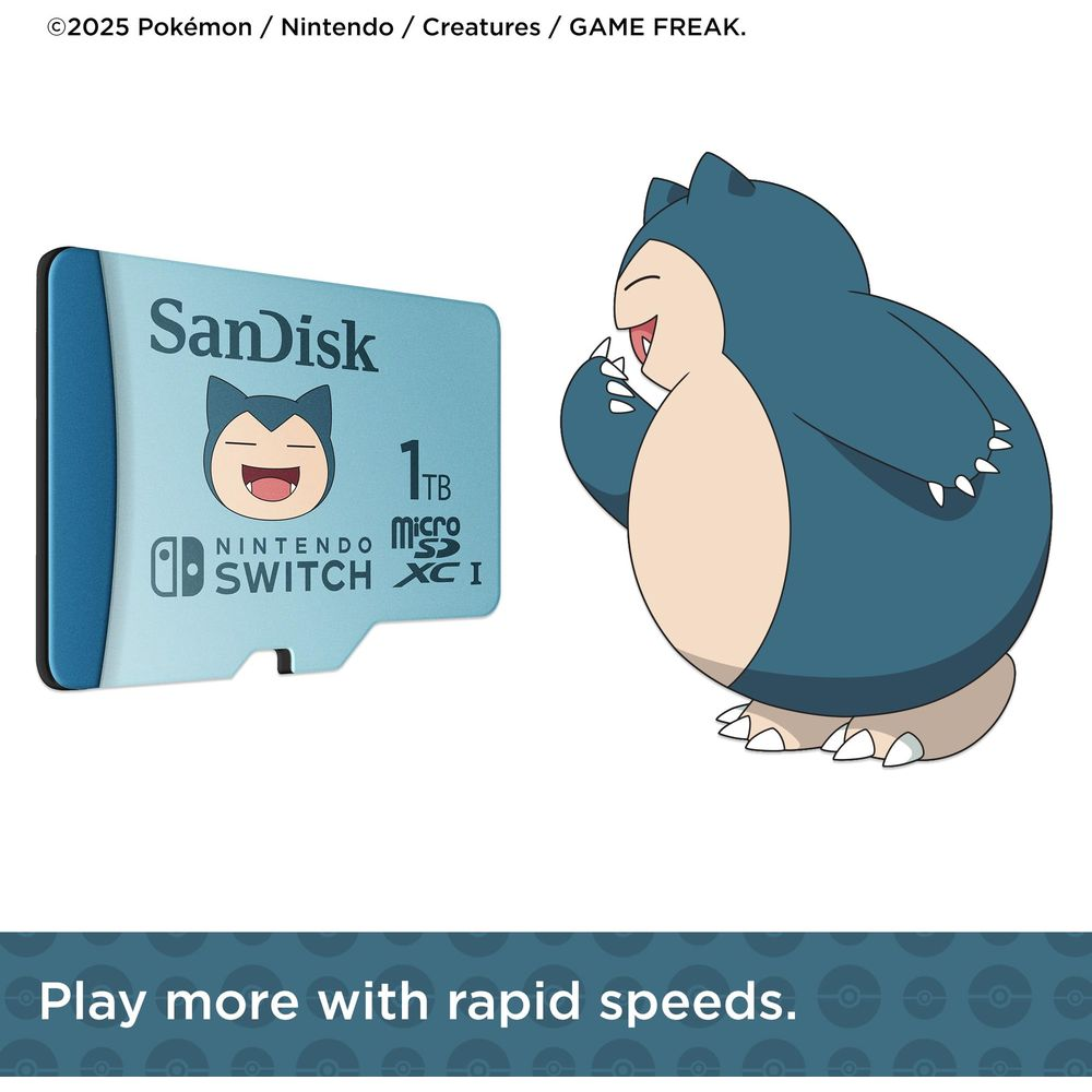 Snorlax neben einer SanDisk 1TB Micro SD-Karte für Nintendo Switch.