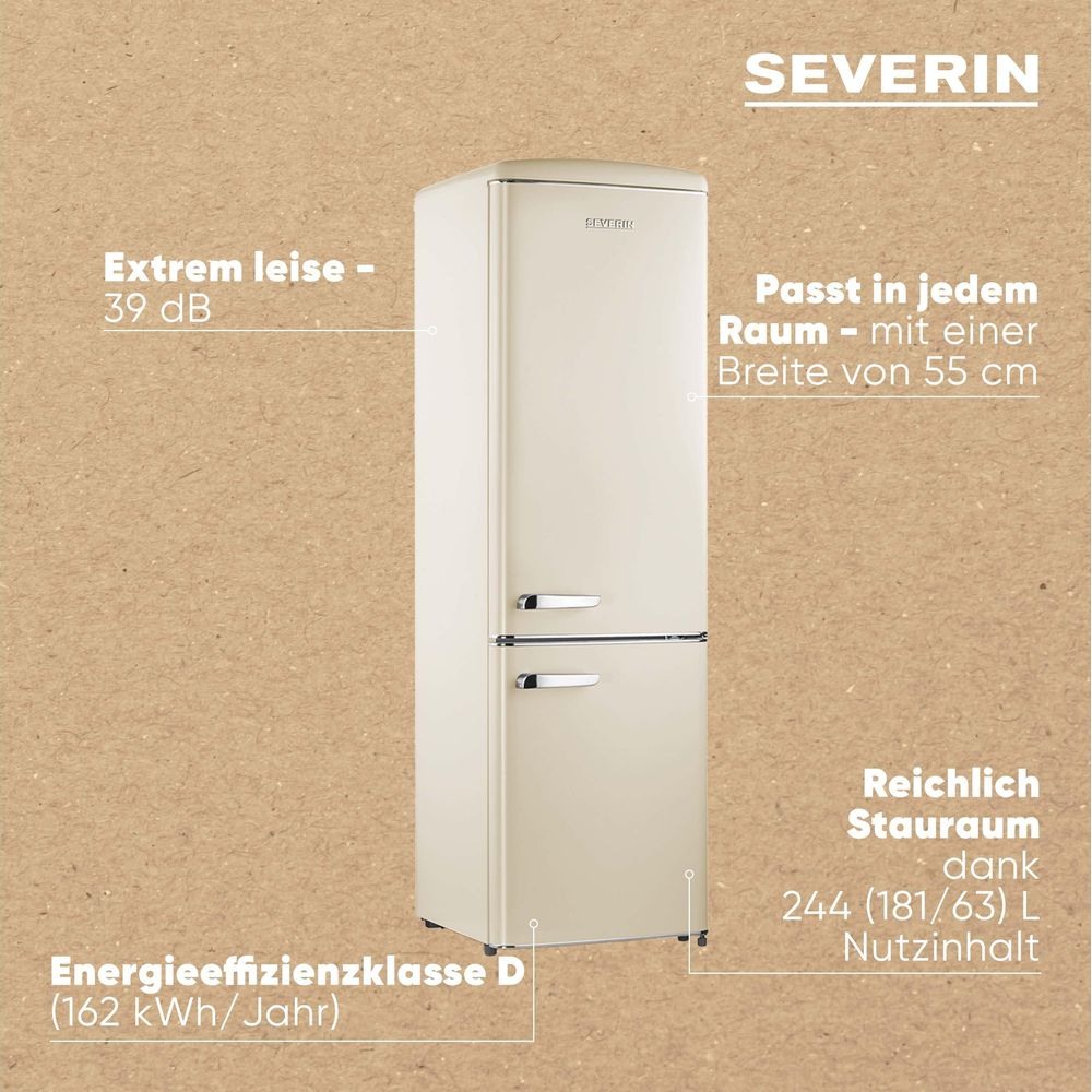 Een crèmekleurige Severin retro koelkast, 55cm breed, 244L inhoud.