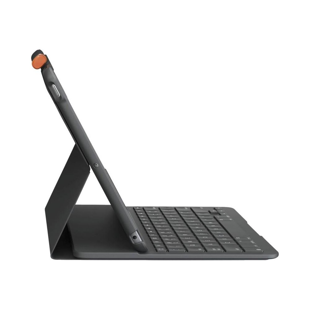 Tablet grigio con custodia tastiera e portapenne, vista laterale.