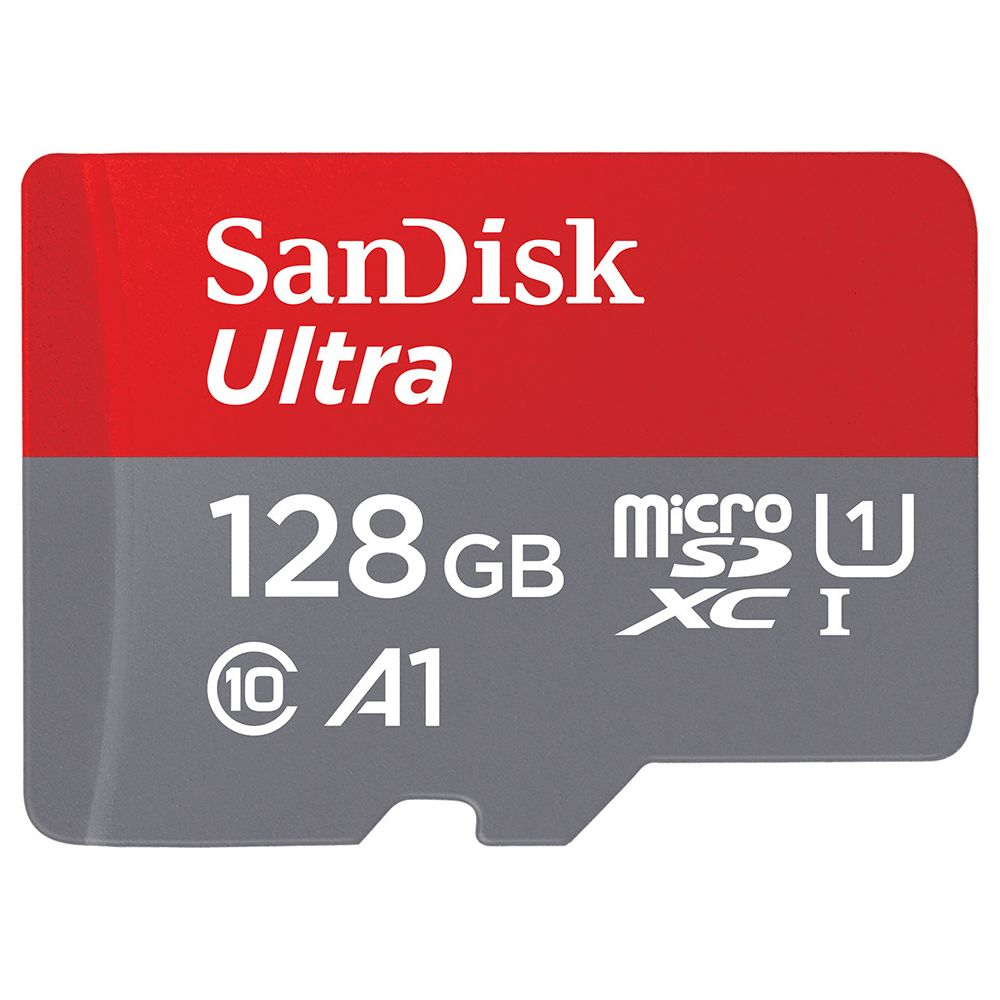 SanDisk Ultra 128 GB Micro SDXC memory card with A1 rating.