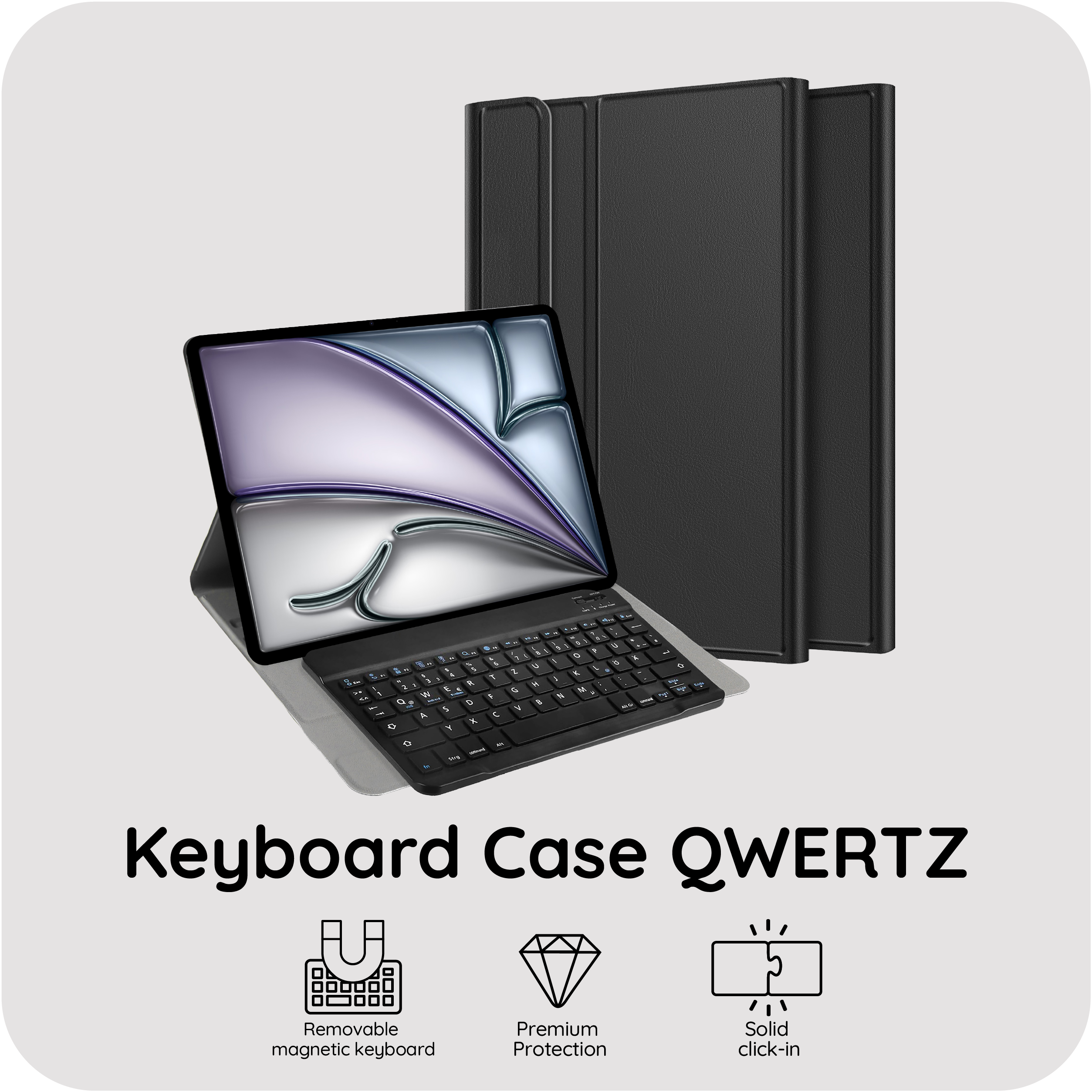 Schwarze Tastaturhülle mit Tablet und abnehmbarer Tastatur.