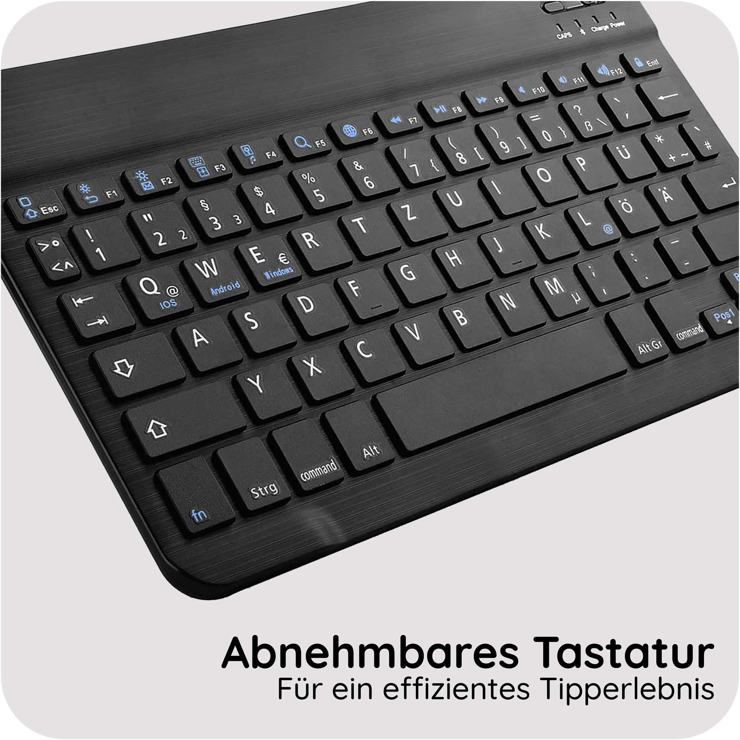 Schwarze Tastatur mit Metalloberfläche und detaillierter Tastenbelegung.