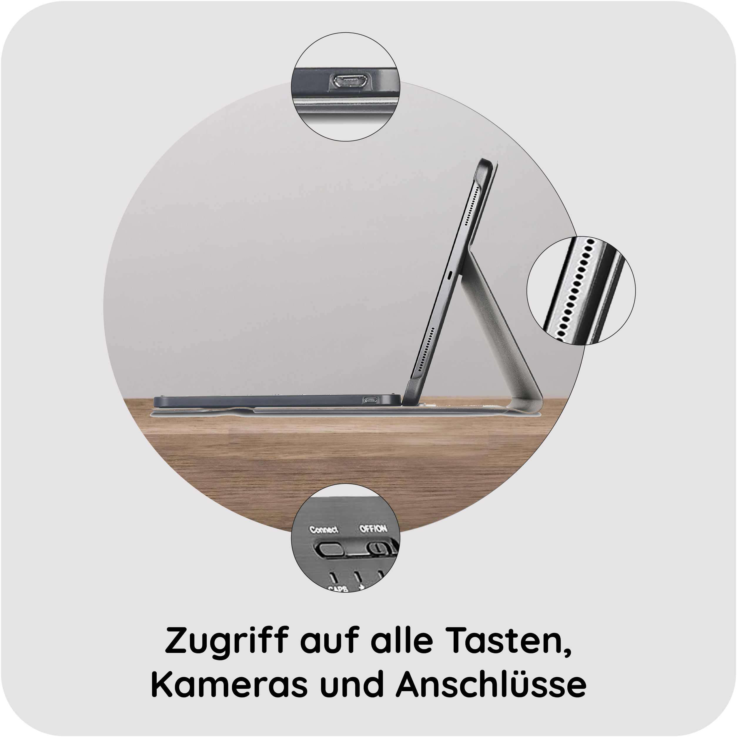 Tablet mit Tastaturhülle, Nahaufnahme von Anschlüssen und Tasten.