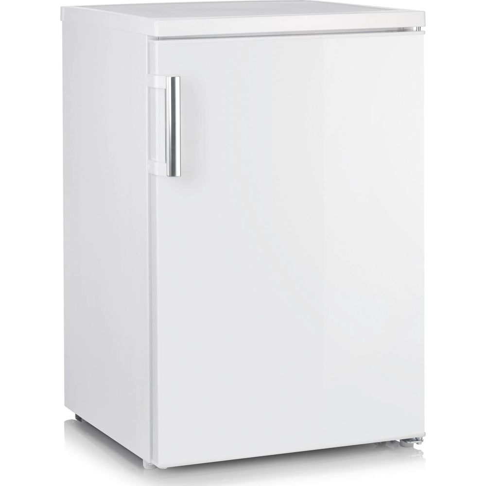 Se muestra un congelador vertical blanco con asa plateada sobre fondo blanco.