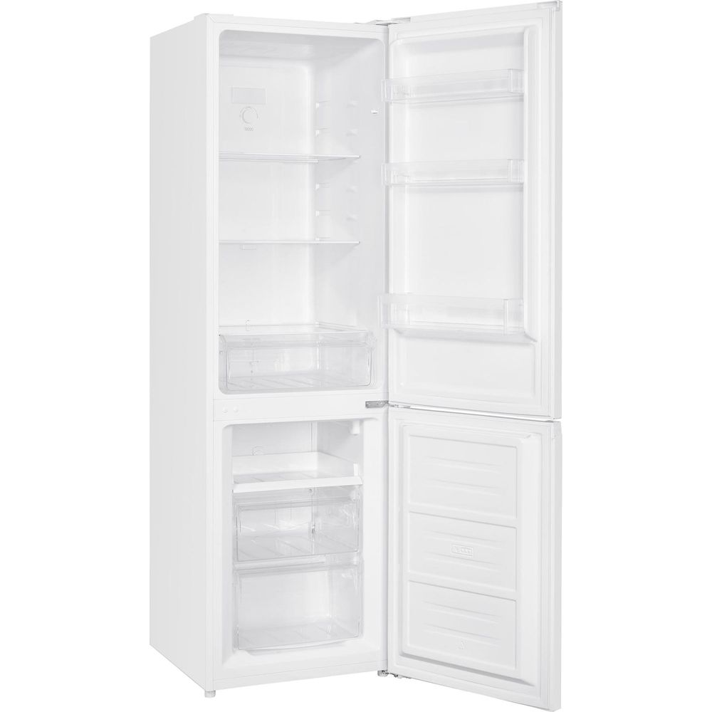 Un frigorifero bianco con le porte aperte. All'interno sono visibili ripiani e cassetti.