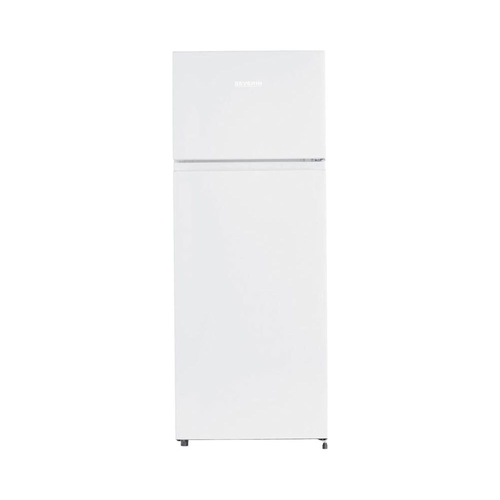 Ein weißer Kühlschrank mit Gefrierfach oben und dem Severin-Logo.