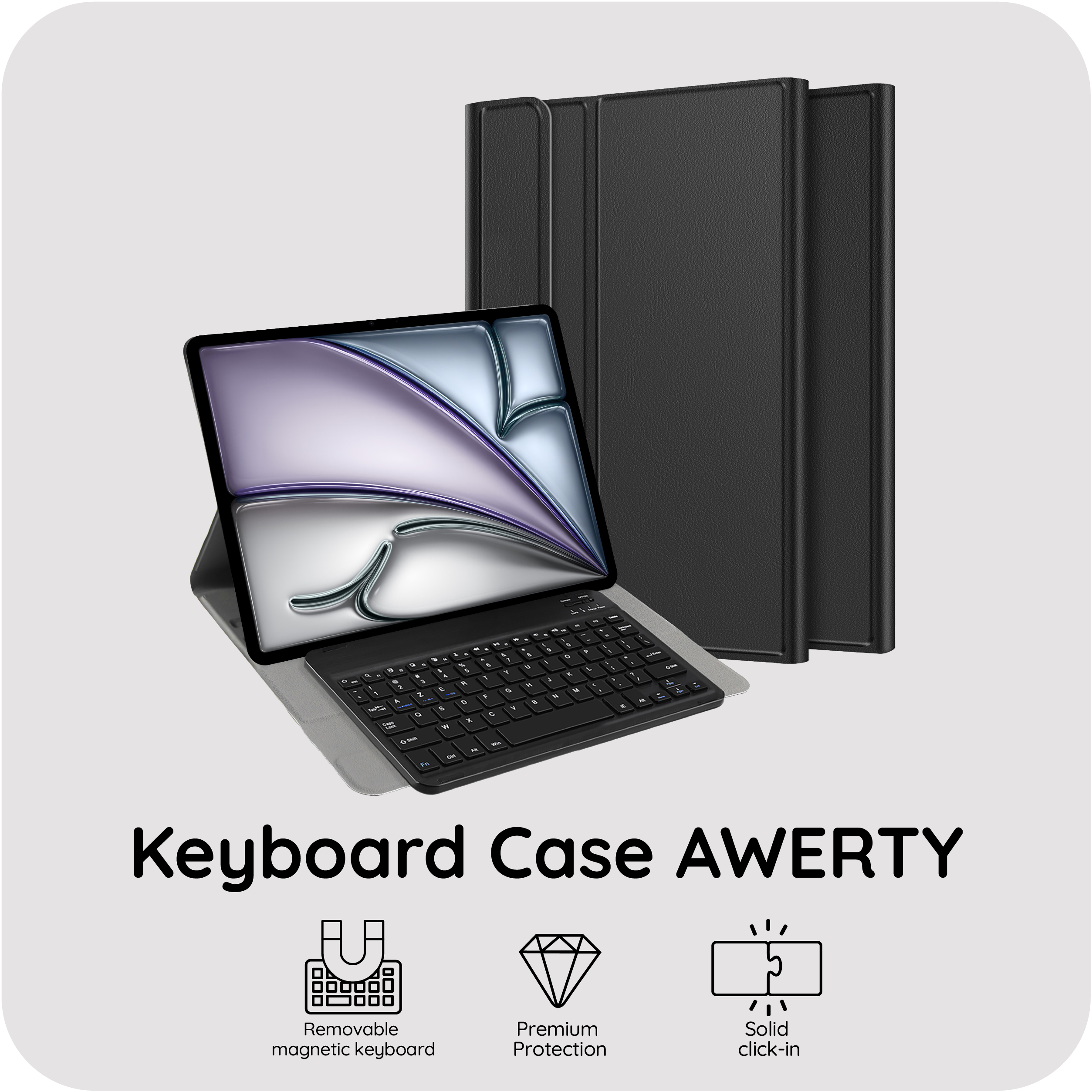 Ein schwarzes Tastatur-Case für ein Tablet mit abnehmbarer Tastatur.