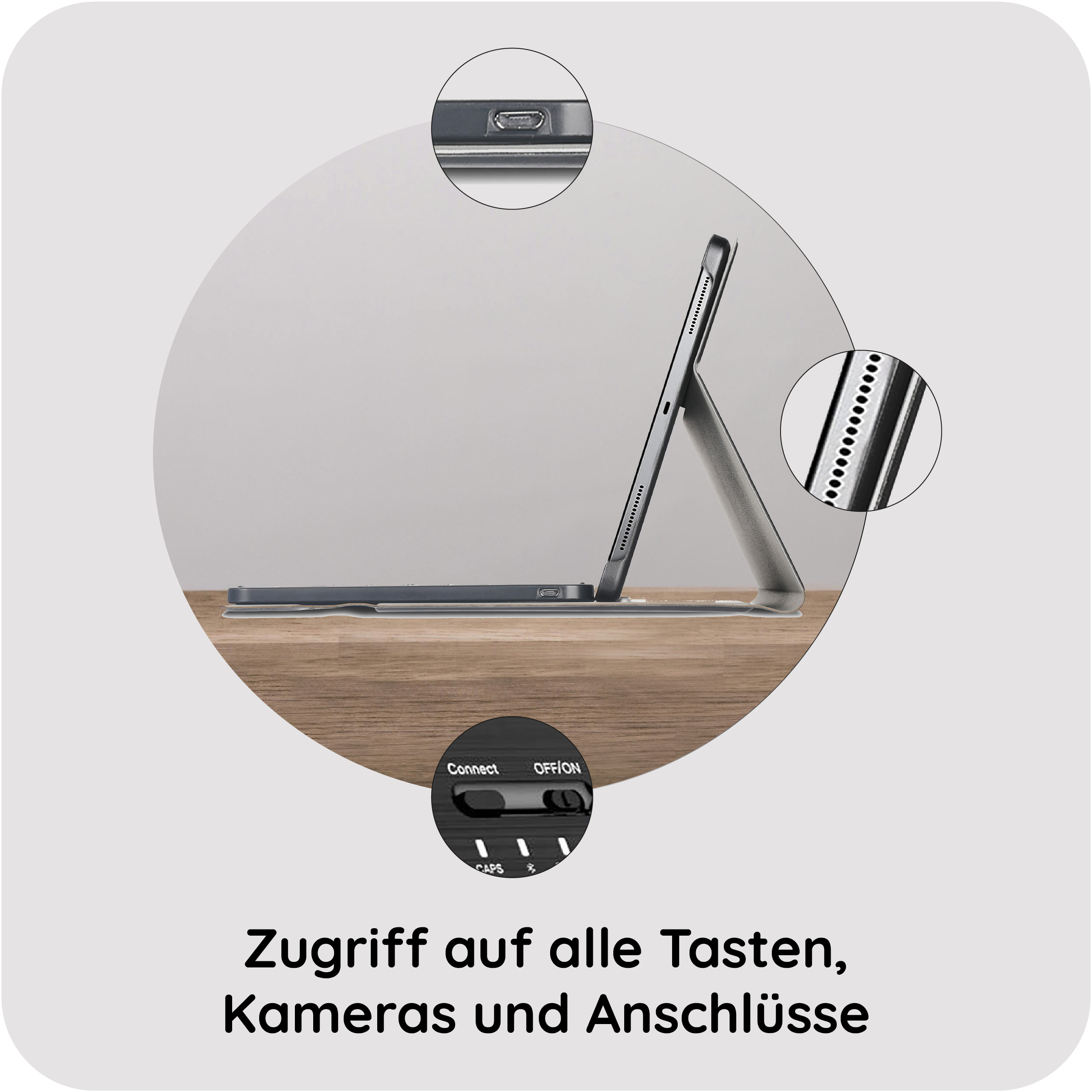Ein Tablet mit Tastaturhülle, USB-C-Anschluss und Schaltern.