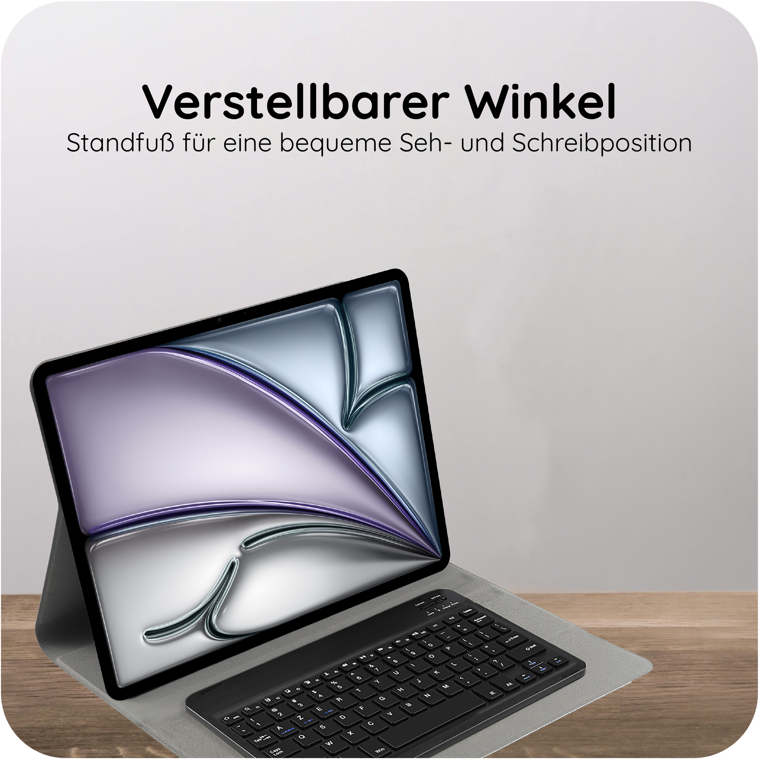 Ein Tablet mit einer Tastatur in einem Ständer, der einen verstellbaren Winkel bietet.