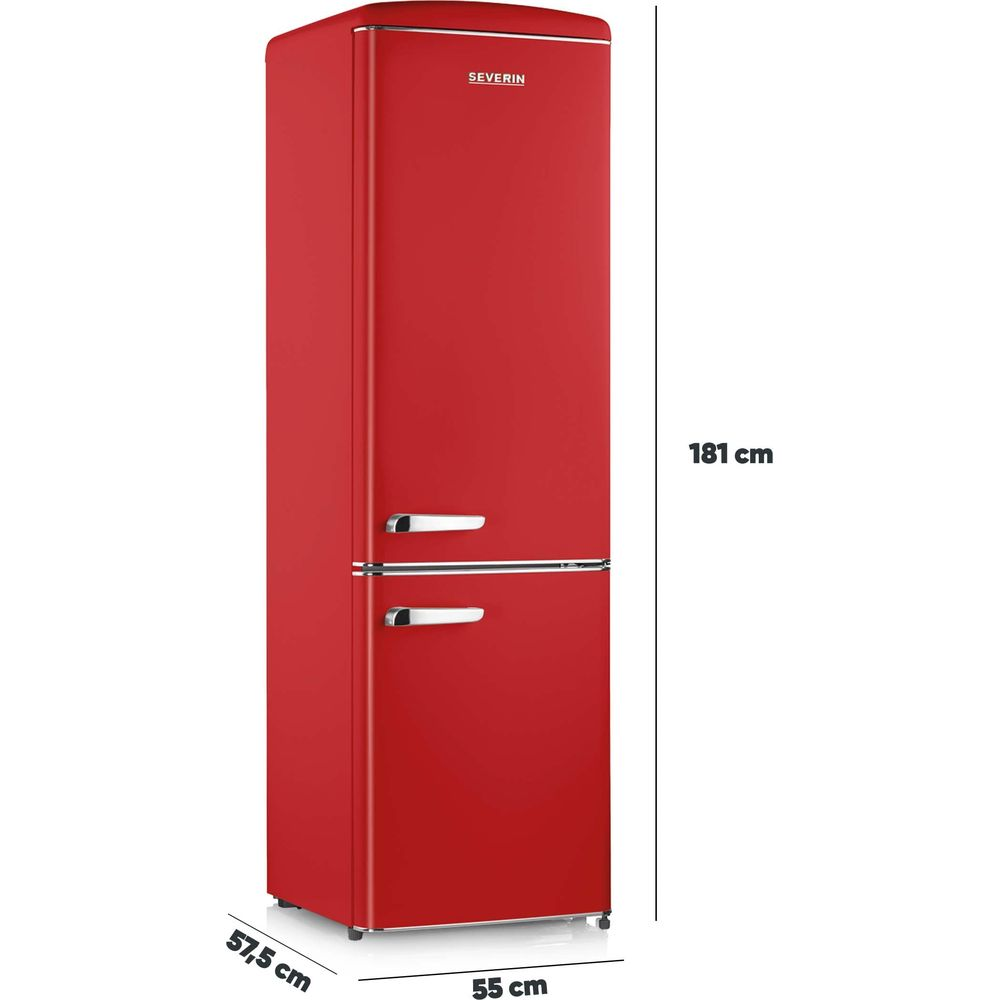 Un frigorifero rosso stile retrò con due porte e maniglie cromate.
