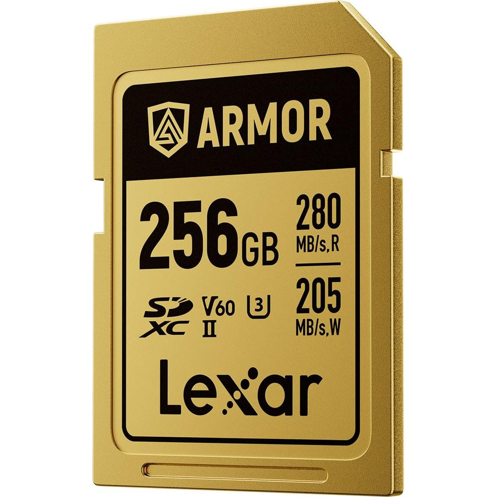Gold 256GB Lexar SD card with Armor logo, read/write speeds shown.