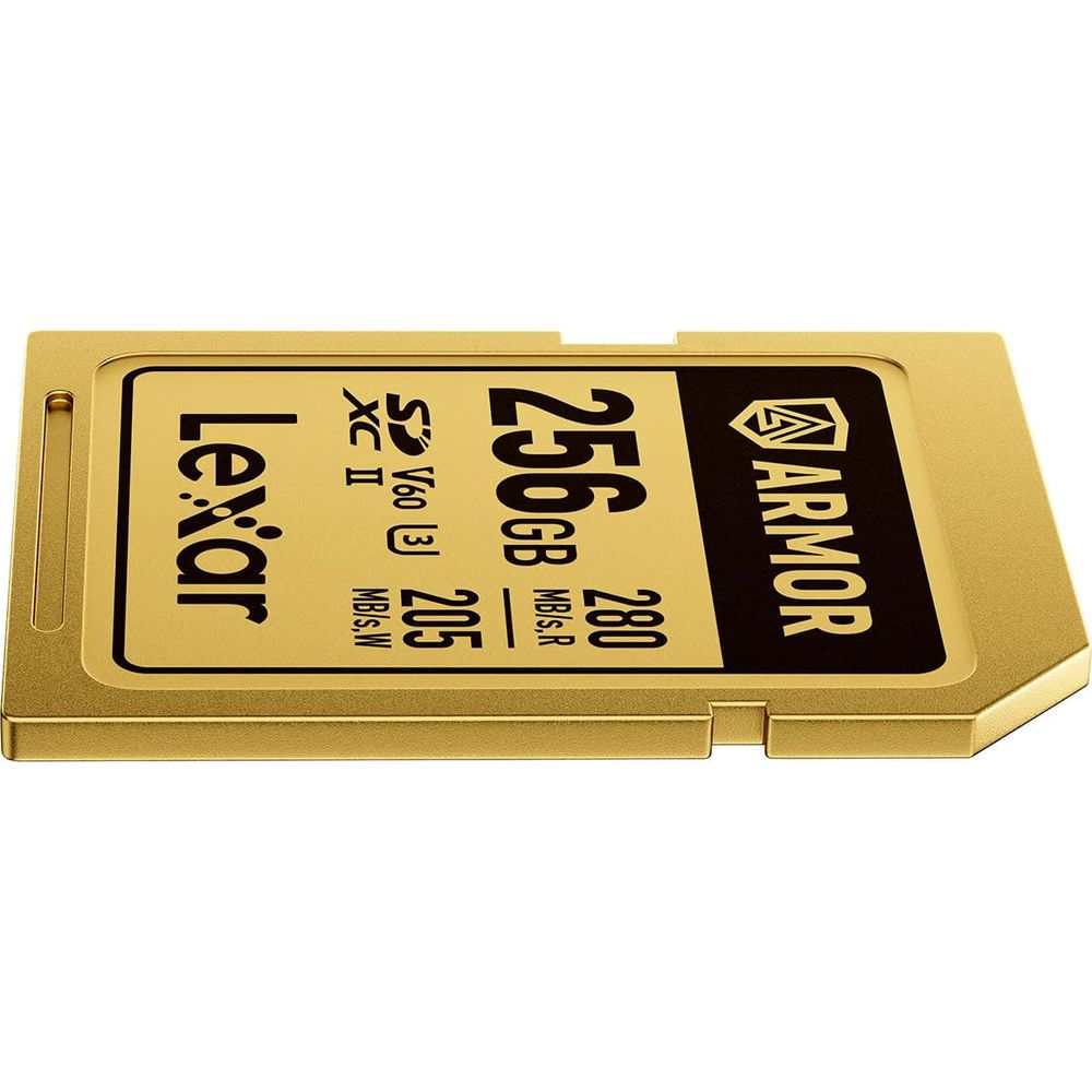 Gold Lexar 256GB SD card with ARMOR logo, speeds 205MB/s W, 280MB/s R.